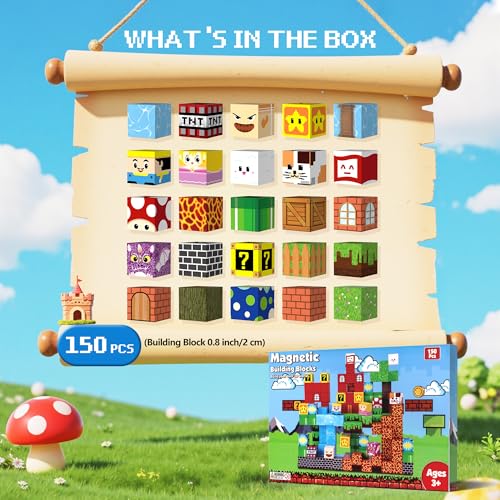 Magnetic Blocks - 150 PCS Magnets Game-Based Building Block for Ages 3,4,5,6,7,8,9,10,11 Kids Birthday Toy Sets Present, Stacking Cubes Construction Gift for Toddlers Boys & Girls, Castles and Dragon