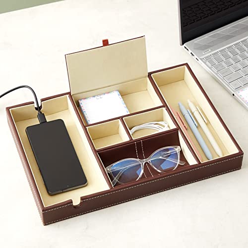 Juvale Leather Valet Catchall Tray for Men with 6 Compartments - Bedside Nightstand Organizer for Phones (Brown) - Valet Tray3