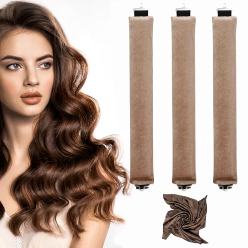 nunflue Heatless Hair Curlers, Heatless Curls Overnight Set for Women, Soft Hair Curlers to Sleep in, No Heat Overnight Curls with Silk Scarf - 3Pcs Khaki