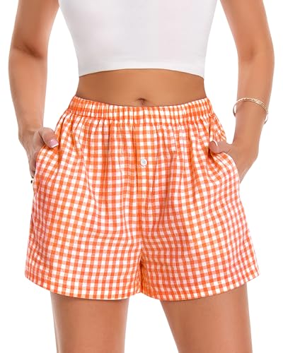 Image of Women Boxer Shorts Summer Gingham Pj Casual Plaid Bottoms with Pocket