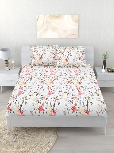 Image of VOMZER King Size (72x78) 300 TC Soft Cotton Feel Microfiber All Around Elastic Fitted Double Bedsheet with 2 Frill Pillow Covers | White Leaf