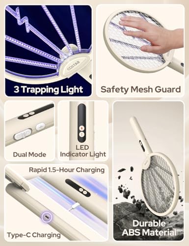 Image of CostarMatter Mosquito Killer Racket, Foldable Bat with UV Light, 3400V, 2 in 1 Auto Mosquito Killer, Racket for Mosquitoes, Electric Fly Swatter with Lithium-ion Battery, Beige