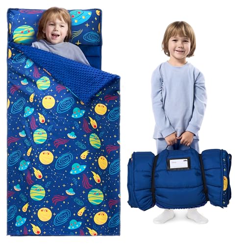 Image of JOIEDOMI Toddler Sleeping Bag for Kids 55''x30'' Nap Mat with Removable Pillow and Minky Blanket for Toddler Ages 3-7 Roll Up Soft Kids Sleeping Bag for Boys Girls Kindergarten Daycare Sleepover