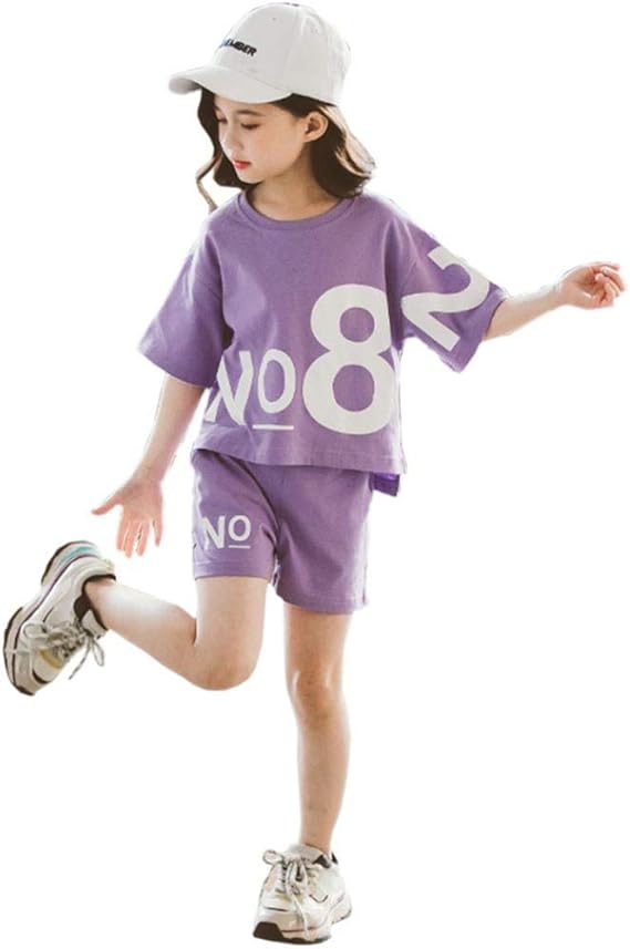 Amazon Aculldo 子供服 洋服 半袖 シャツ 女の子 キッズ服 ガールズ服 可愛い 上下セット 5分丈 二点セット かこいい ゆったり カジュアル ショッピング 娘 日常 普段着 2色 春夏秋 110 160cm Tシャツ カットソー 通販