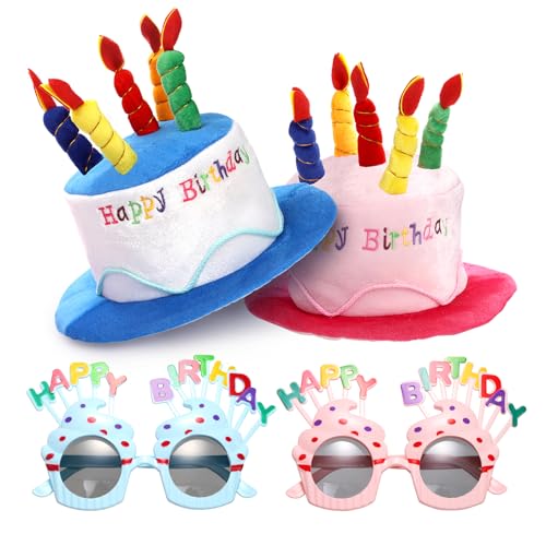 Okllen Birthday Hats Set of 2 for Adults, Plush Cake Hats with Sunglasses, Funny Party Novelty Hats for Birthday Party Favors, Blue & Pink