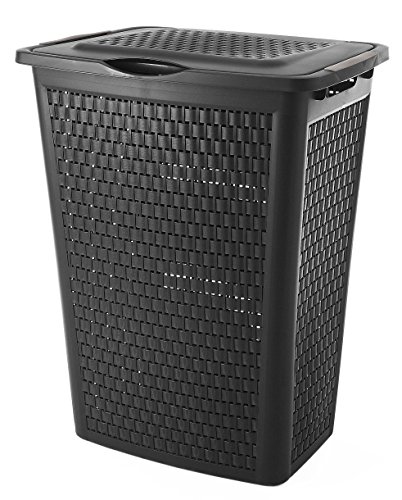 Sundis à linge Volume 50 l Large ouverture du couvercle latérales + 1 poignée Sous coffre Pour le soulever Design Aspect rotin Forme ergonomique, Plastique, Noir, 50L Cover
