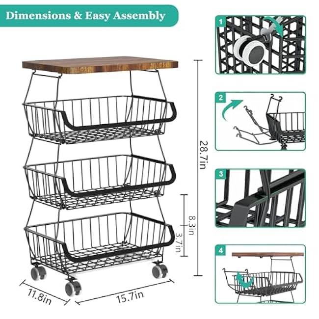 Fruit Basket with Wooden Lid for Kitchen, 4-Tier Stackable Wire Fruit Vegetable Storage Basket Organizer Stand on Wheel, Produce Basket Potato Onion Storage Bins Rack Cart for Pantry