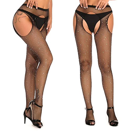 SIMYJOY 2 pares Medias de rejilla con diamantes de imitación, medias de diamantes brillantes para mujer, pantimedias de club nocturno de cintura alta, medias de red de cristal Cover