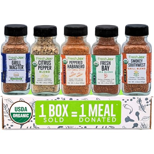 FreshJax Grill Seasoning Set with Gift Box | 5 Organic Clean Eating Spice Blends for Healthy Grilling, Meal Prep, Balanced Cooking | No Artificial Ingredients for Steak, Chicken, Seafood | Made in USA