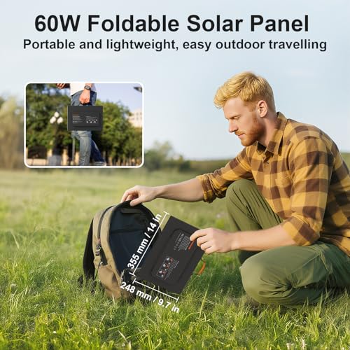 Image of 60W Portable Solar Panels Charger with USB-C, USB-A and DC Outputs Foldable IP67 Waterproof Solar Panel for Camping Hiking, Power Emergency for Small Power Station Generator, Phones, Power Bank