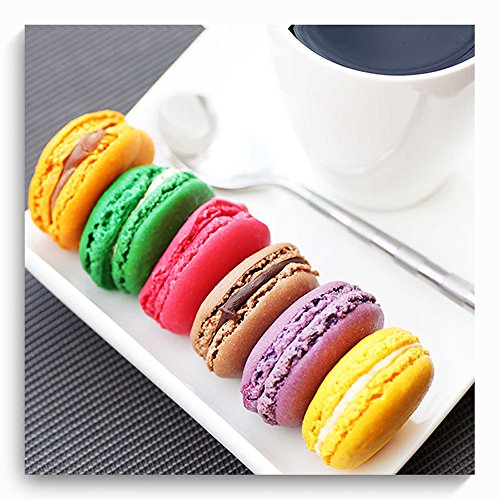 Feeby Impression Sur Toile Macarons Café 40x40 cm Tableaux Tableau Mural Image Moderne Photo Décoration Murale Artistique Photographie Design Chambre Salon Cuisine Blanc Brun Multicolore
