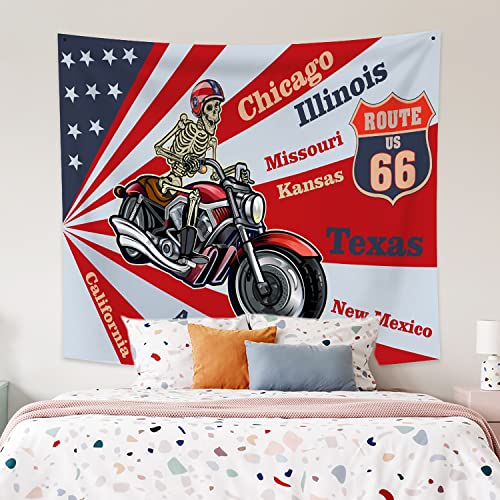 Qinunipoto タペストリー ルート66 route66 バイクの髑髏 アメリカン 米国 150x130cm アート デコレーション 多機能 おしゃれ 壁掛け インテリア 雰囲気転換 飾り 布ポスター ビデオ会議 撮影用 背景布 新居お祝い 個性ギフ