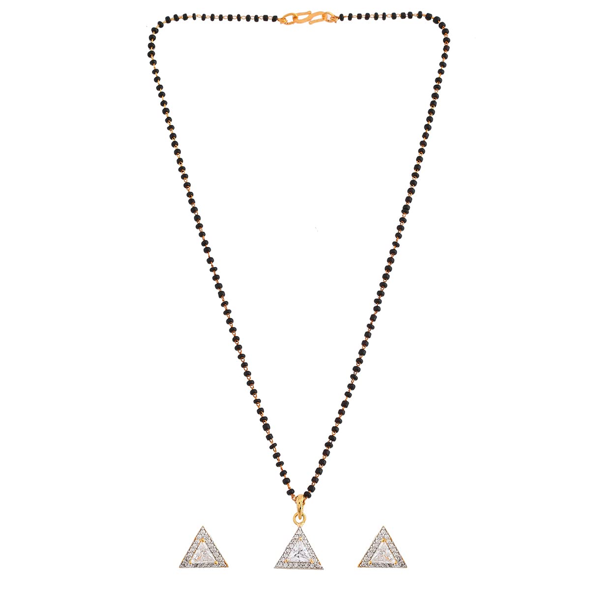 VOYLLASparkling Essential White Cz Studded Triangular Gold Plated Mangalsutra Set, One Size, Brass, No Gemstone