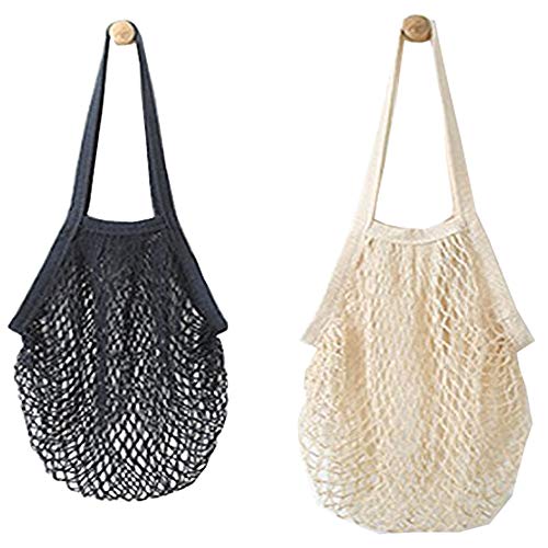 Metyou Bolsa organizadora portátil de malla de algodón, reutilizable, bolsa de compras, bolsa de almacenamiento de frutas, set de 2, Negro, beige., Talla única Cover