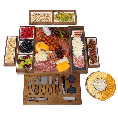 ZYLO Charcuterie Boards Gift Set – Large Acacia Wood Cheese Board, Slate Cutting Board, Ceramic Dishes & Knife Set - Removable Magnetic Serving Trays