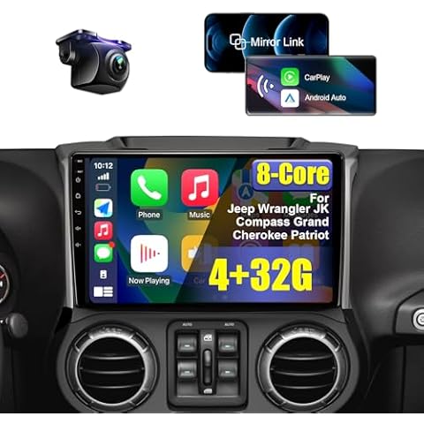 8 Core 10.1'' Car Radio Stereo for Jeep Wrangler JK 2007-2016 Compass Grand Cherokee Dodge Ram 4+32G with Wireless Carplay Android Auto, HD Touchscreen Android Car Stereo with Backup Camera AM/FM/RDS Cover