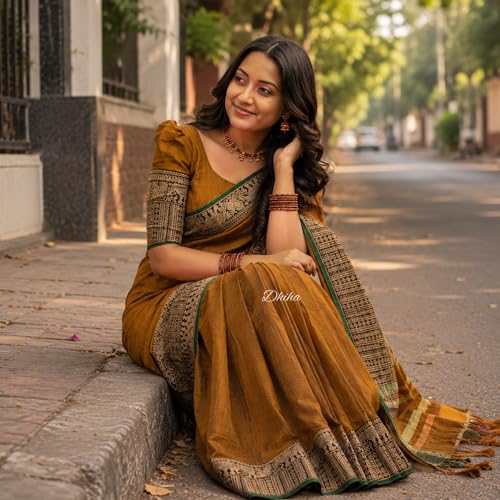 Image of Narayanpet Pure Cotton Avani Border Saree for Women with Running Blouse | Tassels | Traditional Woven Solid Design | Handloom Weave