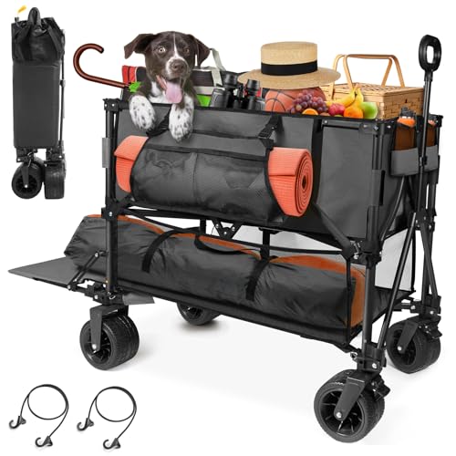 HOPERAN 54" Double Decker Wagon Cart with Wheels Foldable, 400L Large Capacity Collapsible Wagon, 550LBS Load Heavy Duty Wagons Carts Foldable, Extra Long Folding Wagon, Beach Wagon for Camping（Black）