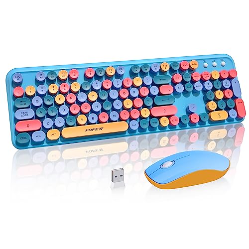 Image of Colorful Wireless Keyboard and Mouse Combo, Cute Blue Typewriter Style Round Key Keyboard, 2.4GHz Fun Bubble Full Size Aesthetic Retro Keyboard with Number Pad for Long Nails PC Laptop Desktop