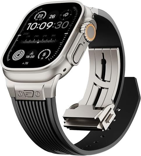 MOROFY Luxury Rugged Silicone Rubber Strap for Apple Watch Ultra 2 Band 49mm|45mm|44mm|42mm with Metal Connector & Folding Clasp for iWatch Ultra Series 9 8 7 6 5 4 3 2 1 SE – Black