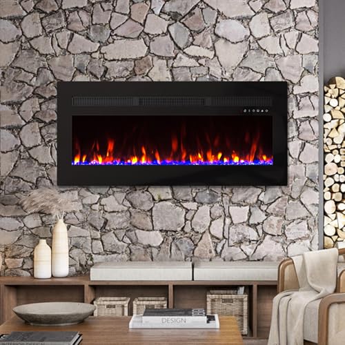Panana 50 Wall-Mounted Electric Fireplace Heater with Remote, 1400W, 20 Color Flames, Log Set & Crystal, 8H Timer