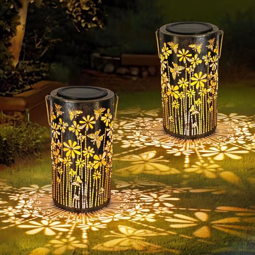 MIFXIN Lot de 2 lanternes solaires papillon, cadeau anniversaire femme, lanternes métal, ornements de jardin, imperméables, LED suspendus table patio