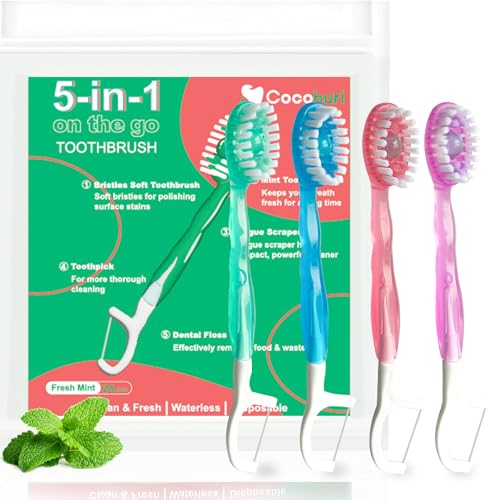5 in 1 Disposable mini Toothbrushes on The go Toothbrush Portable Travel Toothbrush（Toothpaste + Tongue Scraper + Floss + Picks Individually Wrapped Prepasted Oral Care Mint 24 Packs