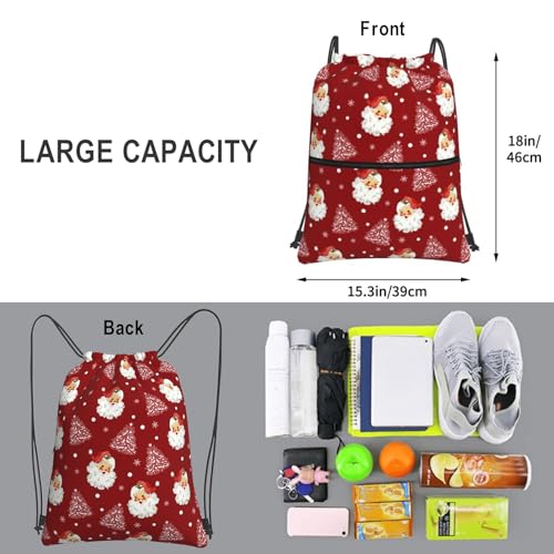 Image of Christmas Santa Claus Drawstring Backpack, Waterproof Snowflake Drawstring Bag for Gym Sports Xmas Party Gift, Women Men Durable Red Sackpack Bag with Front Zipper Pocket and Inside Zipper Pocket