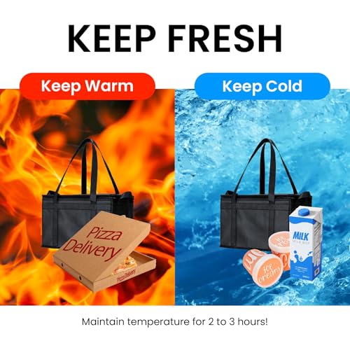Image of NZ home Insulated Bags for Food Delivery (Large) Grocery Shopping Cooler Bag, Pizza Delivery, Hot & Cold Catering Tote, Reusable, Foldable & Heavy Duty (2 Pack, Black)