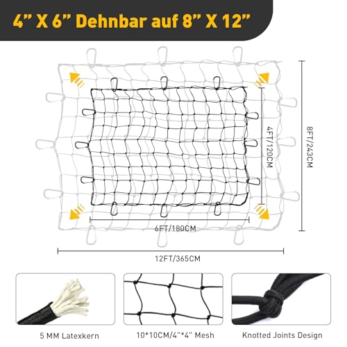 Gepäcknetz Auto, KofferraumNetz Gepäcknetz Wohnmobil Netzs, 180x120CM Dehnbar auf 365x243CM Netz für Pickup, Aufbewahrung Netz, die Ladeflächennetz für Pickups, Gepäck, Kofferraum, SUV, Ladefläche