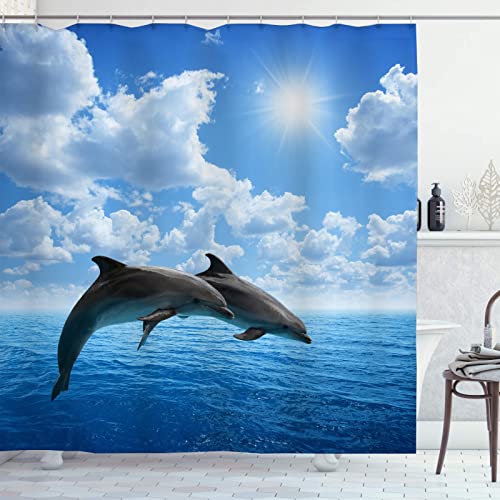 OCEUMACO Tenda Doccia Antimuffa 3D Delfini Elegante Tende Doccia Angolare Tessuto Poliestere Impermeabile 180x200 cm Vasca Bagno Design Mare Stoffa Lunga Lavabile Lavatrice con Anelli - Blu 1