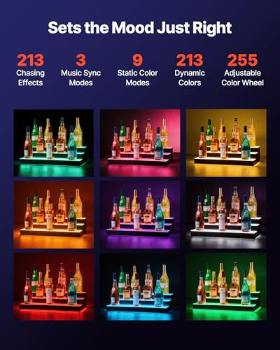 Image of VEVOR LED Lighted Liquor Bottle Display, 3 Tiers 24 Inches, Supports USB, Illuminated Home Bar Shelf with RF Remote & App Control 7 Static Colors 1-4 H Timing, Acrylic Lighted Shelf for 18 Bottles