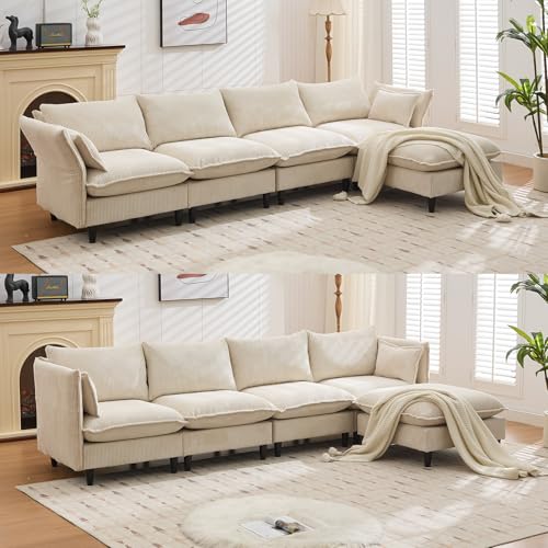 117 L-Shaped Modular Sectional Sofa with Ottoman, 5 Seater, Adjustable Armrests, Beige Corduroy for Living Room and Office
