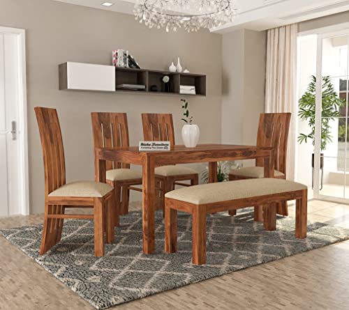 Signature Kraft Solid Sheesham Wood 6 Seater Dining Table with Chairs and Bench | Dining Table Set in Natural Teak Finish
