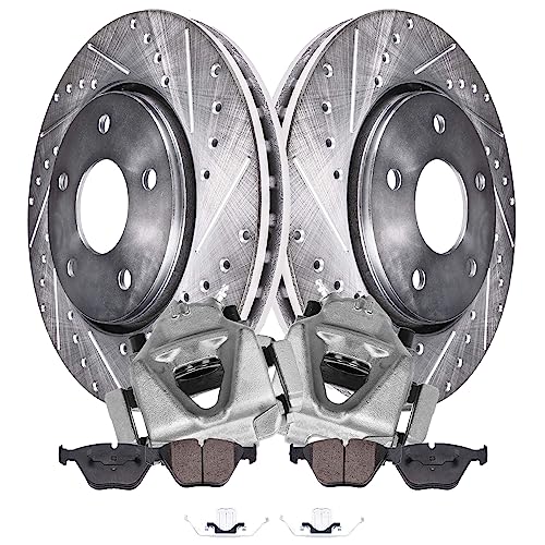 Image of Detroit Axle - Front Drilled & Slotted Brake Rotors Calipers w /Bracket | Ceramic Pads Replacement for BMW 323i 328i xDrive X1 328xi - 6pc Set