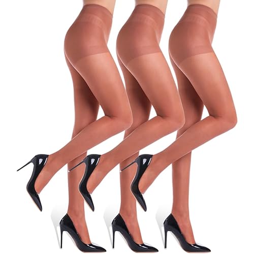 G&Y 3 Pairs Women's Sheer Tights - 20D Control Top Pantyhose with Reinforced Toes