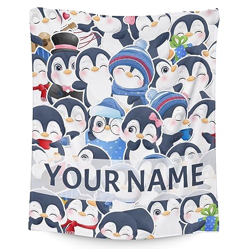 Custom Penguin Blankets with Name - Soft Warm Blanket Throw for Kids, Adults - 50"x60" Flannel Blankets for Bed, Couch, Sofa - Blue Cute Blanket Gifts