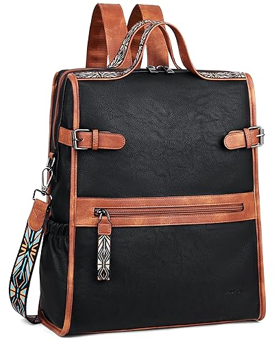 FADEON Leather Laptop Backpack for Women Black/Brown