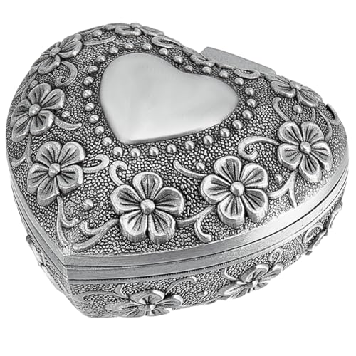 SUNNYCLUE Joyero Vintage En Forma de Corazón Pequeño Joyero de Metal Caja de Regalo Tallada con Flores de Plata Antigua para Mujer Anillo Pendientes Collar Baratija Organizador de Almacenamient