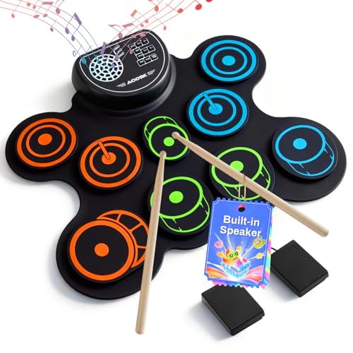 AODSK Electric Drum Set Built-in Speaker, Drum Pad and Sticks, Portable Roll Up Drums Practice Pad...