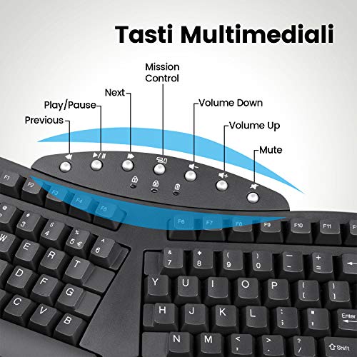 Perixx PERIBOARD-612 Tastiera ergonomica Wireless 2.4 g e Bluetooth, Compatibile con Windows 10 e Mac OS X, Layout Italiano
