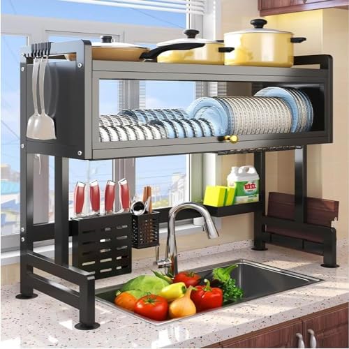 XAOSU Heavy Duty Over The Sink Dish Drying 3 Tier Metal Over The Counter Dish Drying Rack with Dust-Proof Cabinet Height Large Drainer with Utensil Holder for Kitchen(Black)