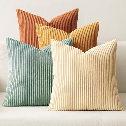 Image of MIULEE Boho Farmhouse Throw Pillow Covers 20x20 Inch Set of 4 Summer Modern Natural Decorative Cushion Covers Soft Corduroy Spring Decor for Couch Bed Sofa Living Room Orange Teal Gradient Series