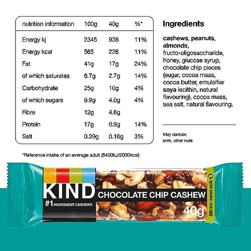 KIND Bars, High Fibre, Gluten Free Snack Bars, Chocolate Chip Cashew, No Artificial Colours, Flavours or Preservatives 12 x 40g - Image 5