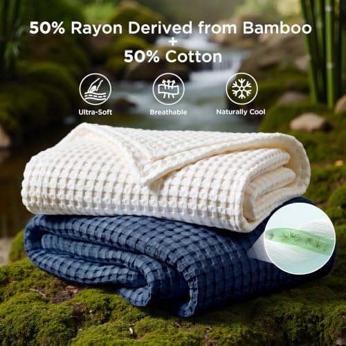 Image of Bedsure Cooling Cotton Waffle Weave Blanket - Lightweight Breathable Blanket of Rayon Derived from Bamboo for Hot Sleepers, Luxury Throws for Bed, Couch and Sofa, Navy, 50x70 Inches