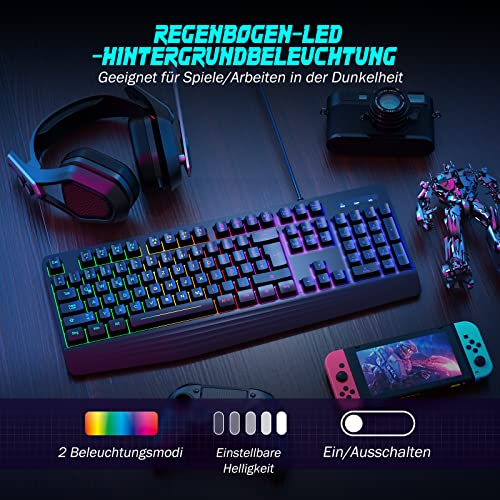 Gaming Tastatur PC, PS4 Tastatur USB, Regenbogen Beleuchtete Tastatur LED, Langlebig, Ergonomisch, Wasserdicht, Leise Tasten, Gaming Keyboard ideal für PC Mac Xbox PS4 Gamer|Büro(Deutsches Layout) – Bild 3