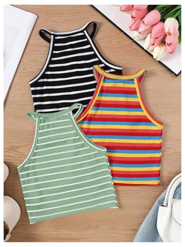 Floerns Toddler Girl's 3 Pack Striped Tank Tops Ribbed Sleeveless Kids Clothes Halter Crop Top2