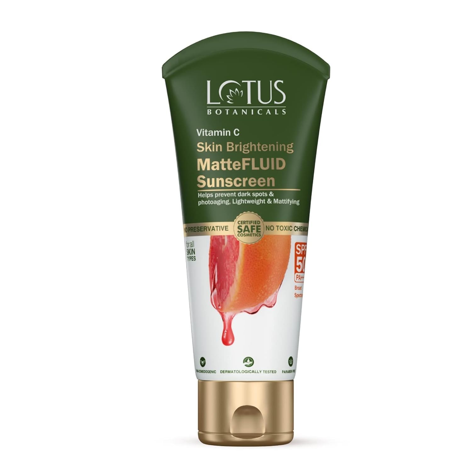 Lotus Botanicals Vitamin C Skin Brightening MatteFluid Sunscreen | SPF 50 | PA+++ | 100x Vitamin C | Protects from Sun, UV Rays | Brightens Skin | No White Cast|Water Resistant|No Preservatives75g