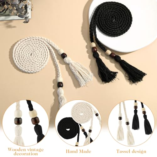 2Pcs Skinny Tassel Waist Belt with Wooden Beads for Women, Skinny Woven Waist Rope Belt Black + White Boho Braided Waist Belt Rope Chain for Thin Dresses, Skirts, and Tunics3