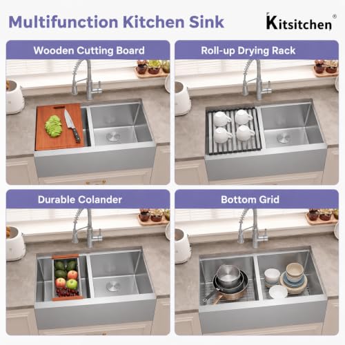 Image of Kitsitchen 30 Inch Farmhouse Kitchen Sink, Double Bowl Kitchen Sink, 16 Gauge T304 Stainless Steel 50 /50 Double Bowls Farm Sink with All Accessories